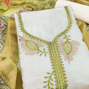 Elegant Cream & Green Floral Embroidered Roman Cotton Silk Dress Material With Subtle Sequins Work