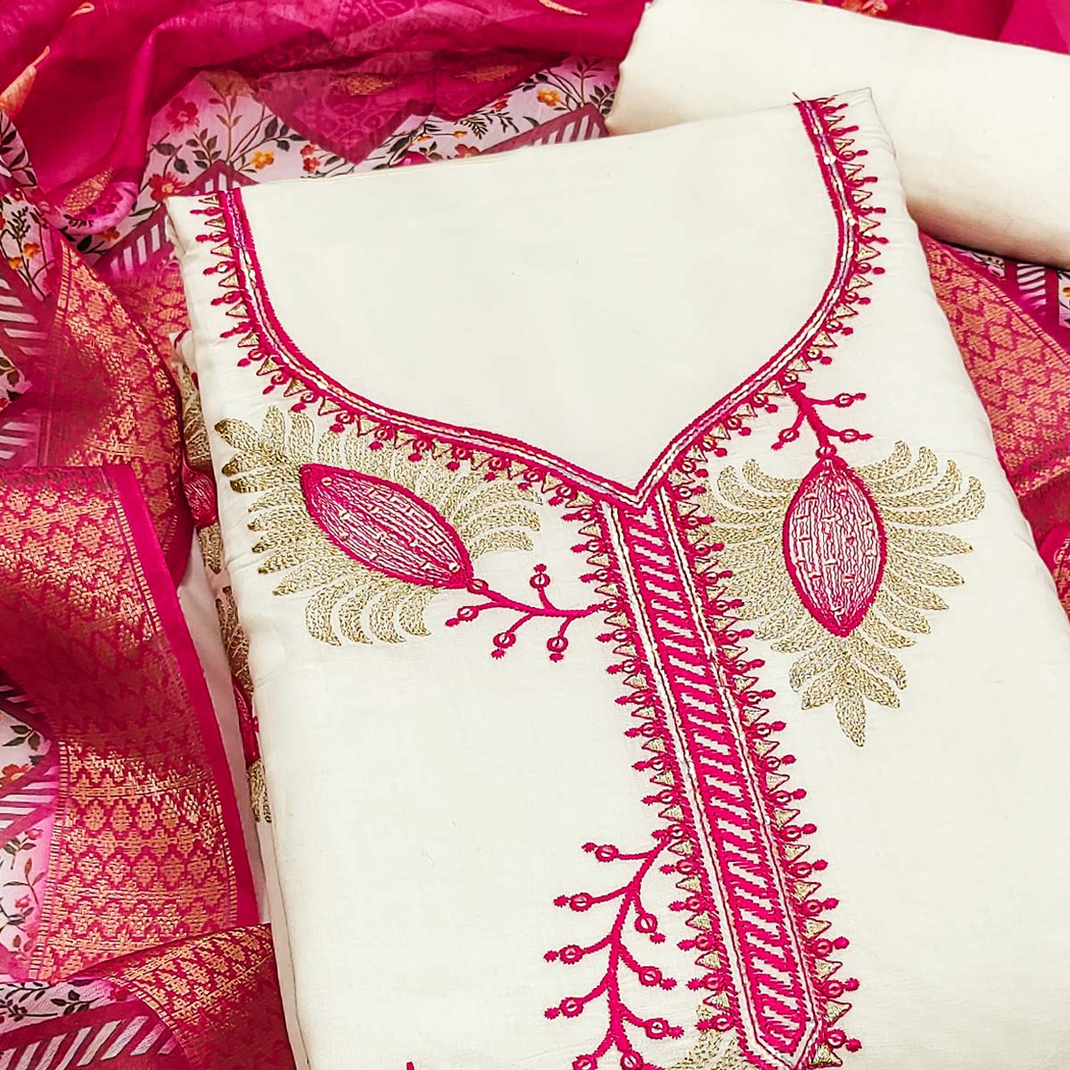 Elegant Cream & Pink Floral Embroidered Roman Cotton Silk Dress Material With Subtle Sequins Work