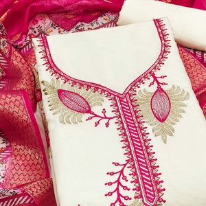 Elegant Cream & Pink Floral Embroidered Roman Cotton Silk Dress Material With Subtle Sequins Work