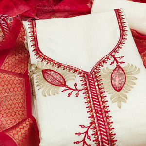 Elegant Cream & Red Floral Embroidered Roman Cotton Silk Dress Material With Subtle Sequins Work