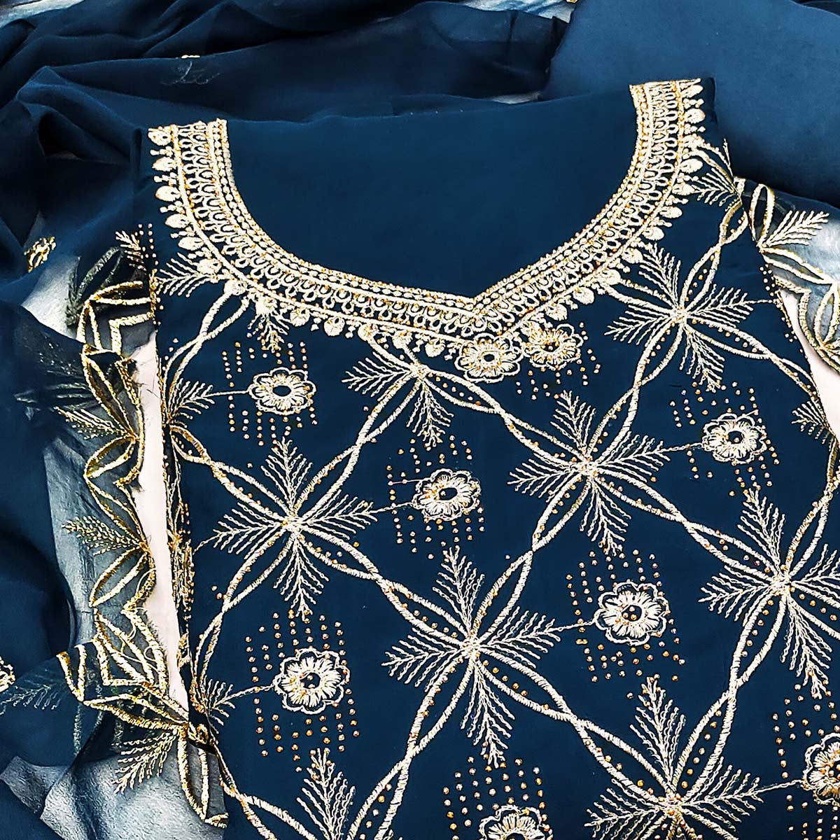 Premium Blue Floral Embroidered Georgette Dress Material Accentuated With Swarovski Detailing