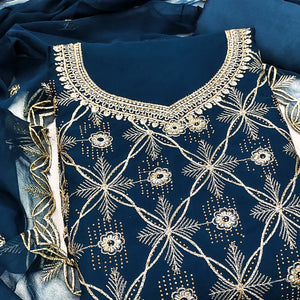 Premium Blue Floral Embroidered Georgette Dress Material Accentuated With Swarovski Detailing