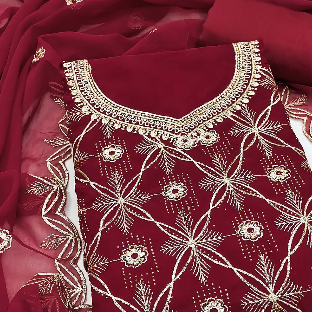 Premium Maroon Floral Embroidered Georgette Dress Material Accentuated With Swarovski Detailing