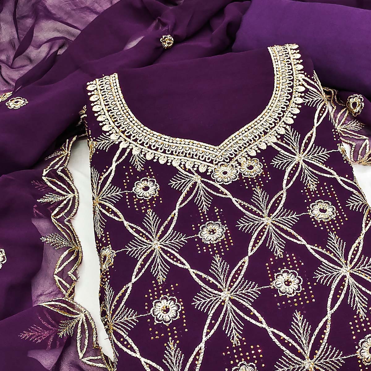 Premium Purple Floral Embroidered Georgette Dress Material Accentuated With Swarovski Detailing