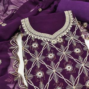 Premium Purple Floral Embroidered Georgette Dress Material Accentuated With Swarovski Detailing