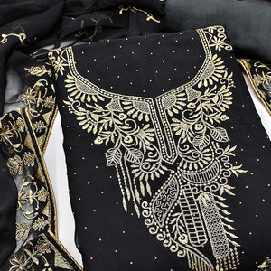 Ethnic Black Floral Embroidered Georgette Dress Material With Shimmering Swarovski Accents
