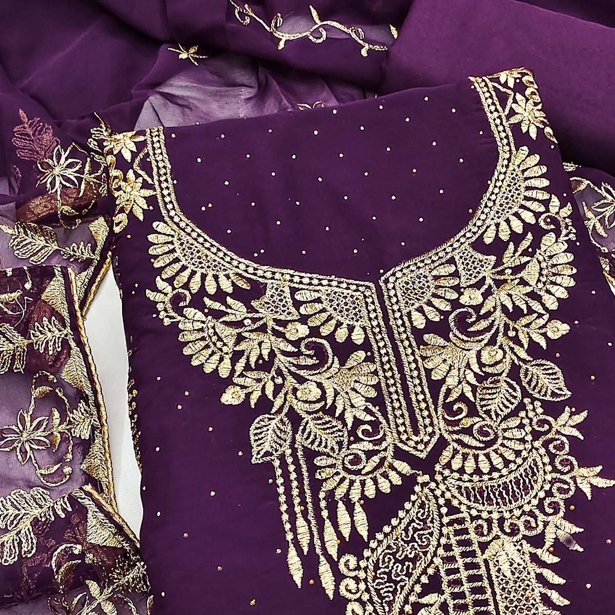 Ethnic Purple Floral Embroidered Georgette Dress Material With Shimmering Swarovski Accents
