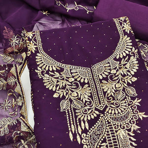 Ethnic Purple Floral Embroidered Georgette Dress Material With Shimmering Swarovski Accents