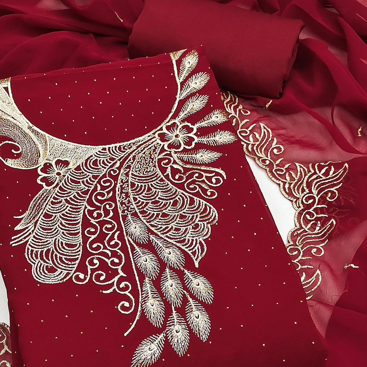 Sophisticated Maroon Floral Embroidered Georgette Dress Material Enhanced With Fine Swarovski Work