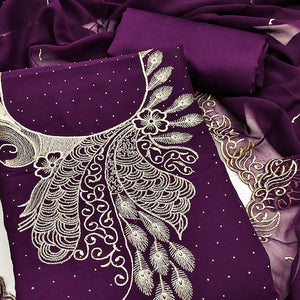 Sophisticated Purple Floral Embroidered Georgette Dress Material Enhanced With Fine Swarovski Work