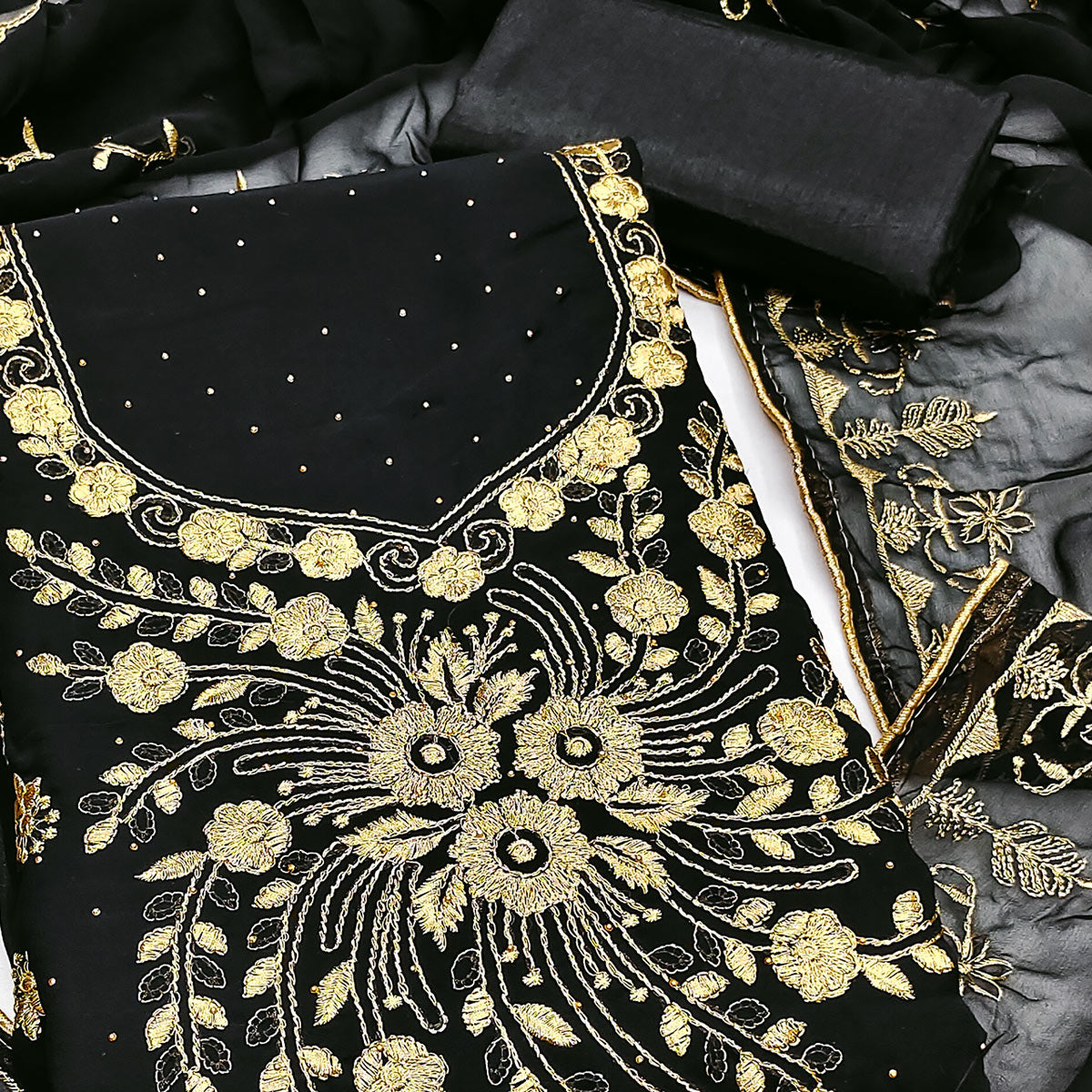 Classic Black Floral Embroidery Georgette Dress Material With Subtle Swarovski Embellishments