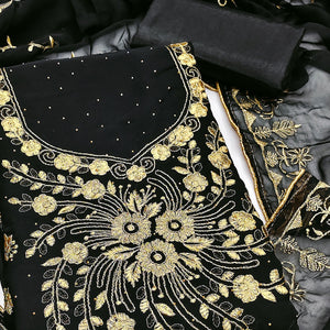 Classic Black Floral Embroidery Georgette Dress Material With Subtle Swarovski Embellishments