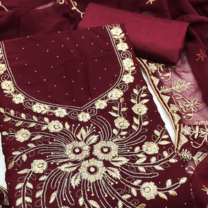 Classic Maroon Floral Embroidery Georgette Dress Material With Subtle Swarovski Embellishments