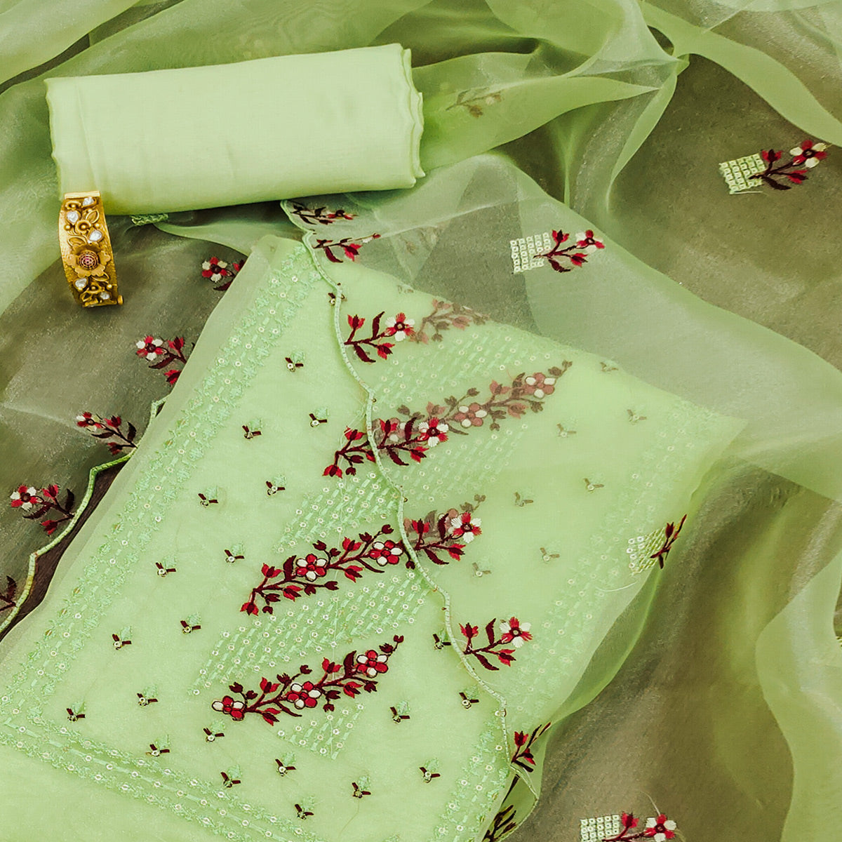 Pista Green Floral Sequins Embroidered Organza Dress Material