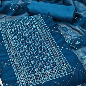 Blue Georgette Dress Material Featuring Delicate Thread Embroidery & Sequin Accent