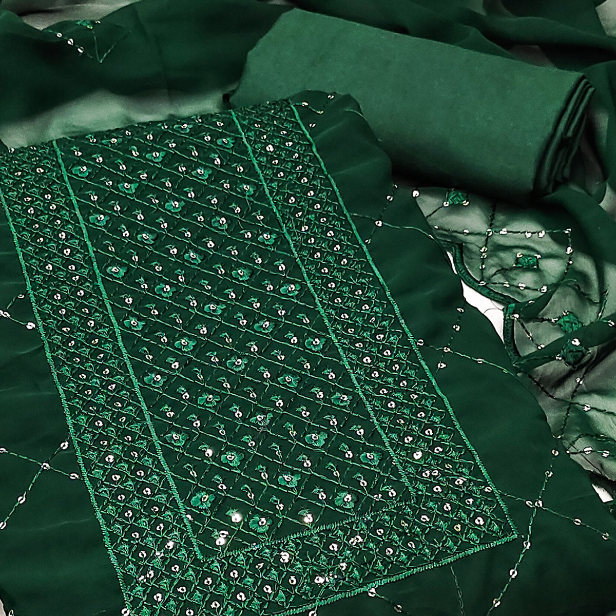 Green Georgette Dress Material Featuring Delicate Thread Embroidery & Sequin Accent