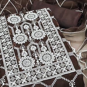 Brown Sheer Organza Suit Material with Floral Embroidery Detailing