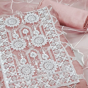Dusty Pink Sheer Organza Suit Material with Floral Embroidery Detailing