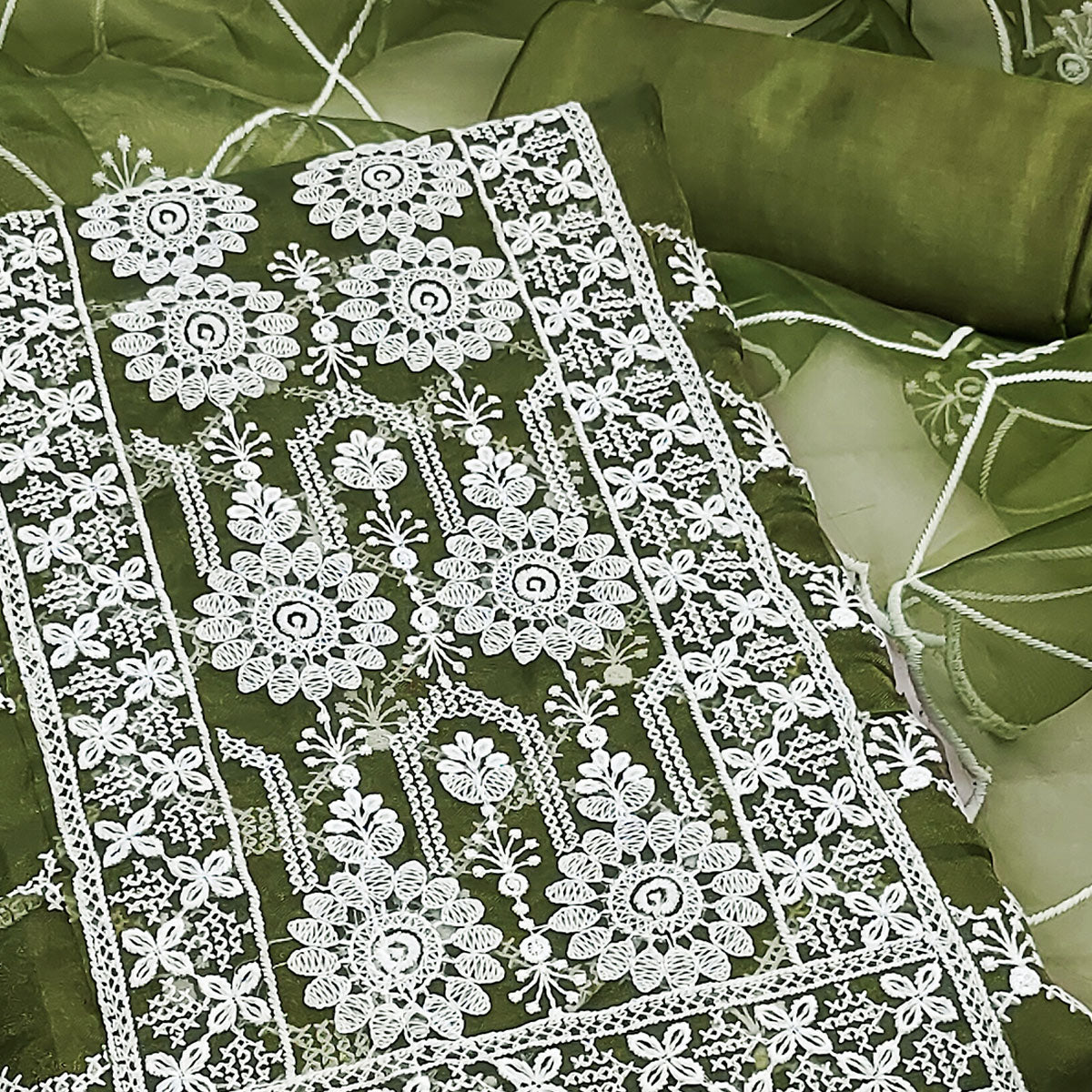 Green Sheer Organza Suit Material with Floral Embroidery Detailing