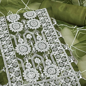 Green Sheer Organza Suit Material with Floral Embroidery Detailing