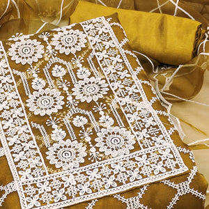 Mustard Sheer Organza Suit Material with Floral Embroidery Detailing