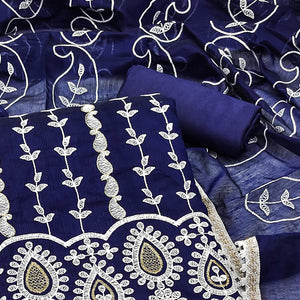 Blue Floral Embroidered Chanderi Cotton Dress Material