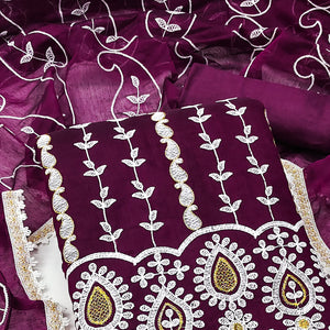 Wine Floral Embroidered Chanderi Cotton Dress Material