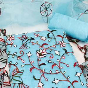 Blue Floral Embroidered Organza Dress Material