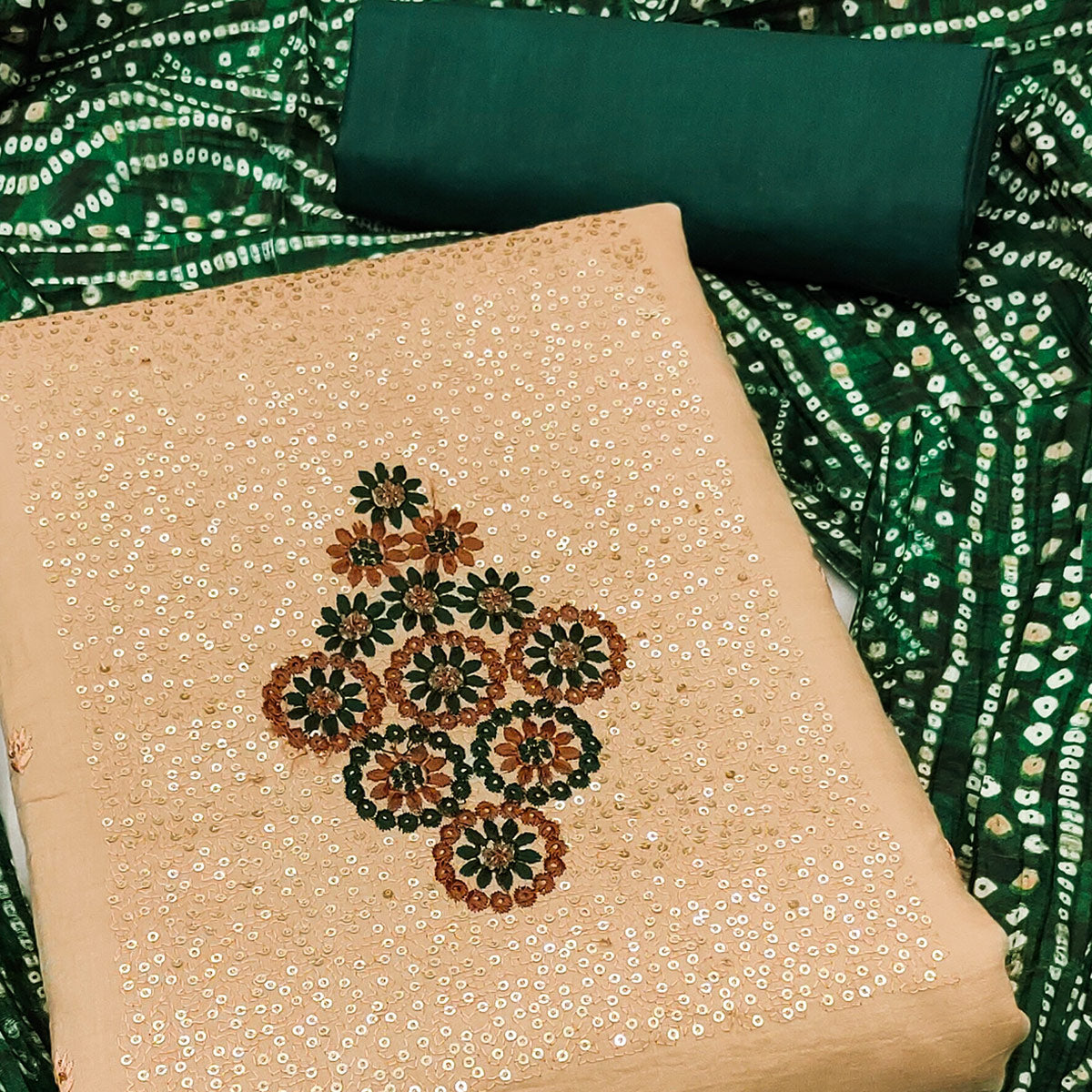 Chikoo Floral Embroidered Cotton Blend Dress Material Adorned With Sparkling Sequins Work