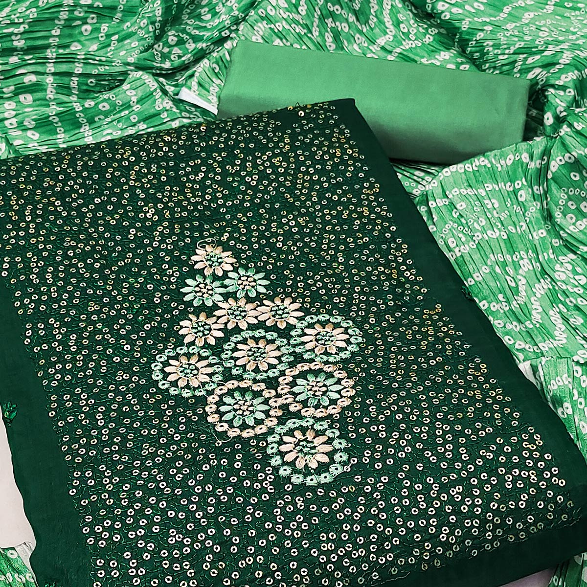 Green Floral Embroidered Cotton Blend Dress Material Adorned With Sparkling Sequins Work