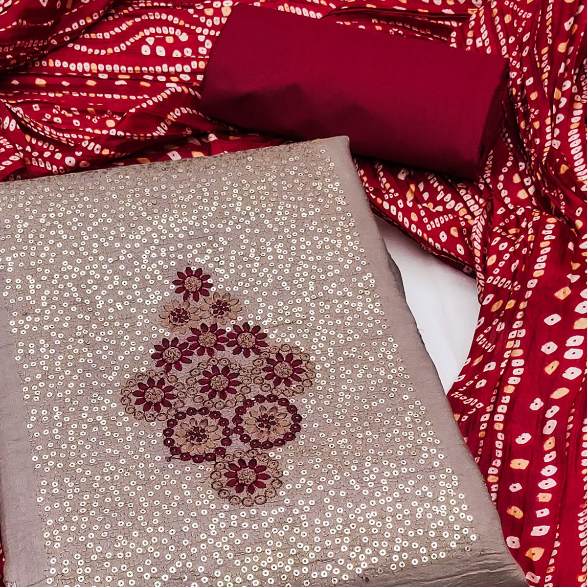 Mauve Floral Embroidered Cotton Blend Dress Material Adorned With Sparkling Sequins Work