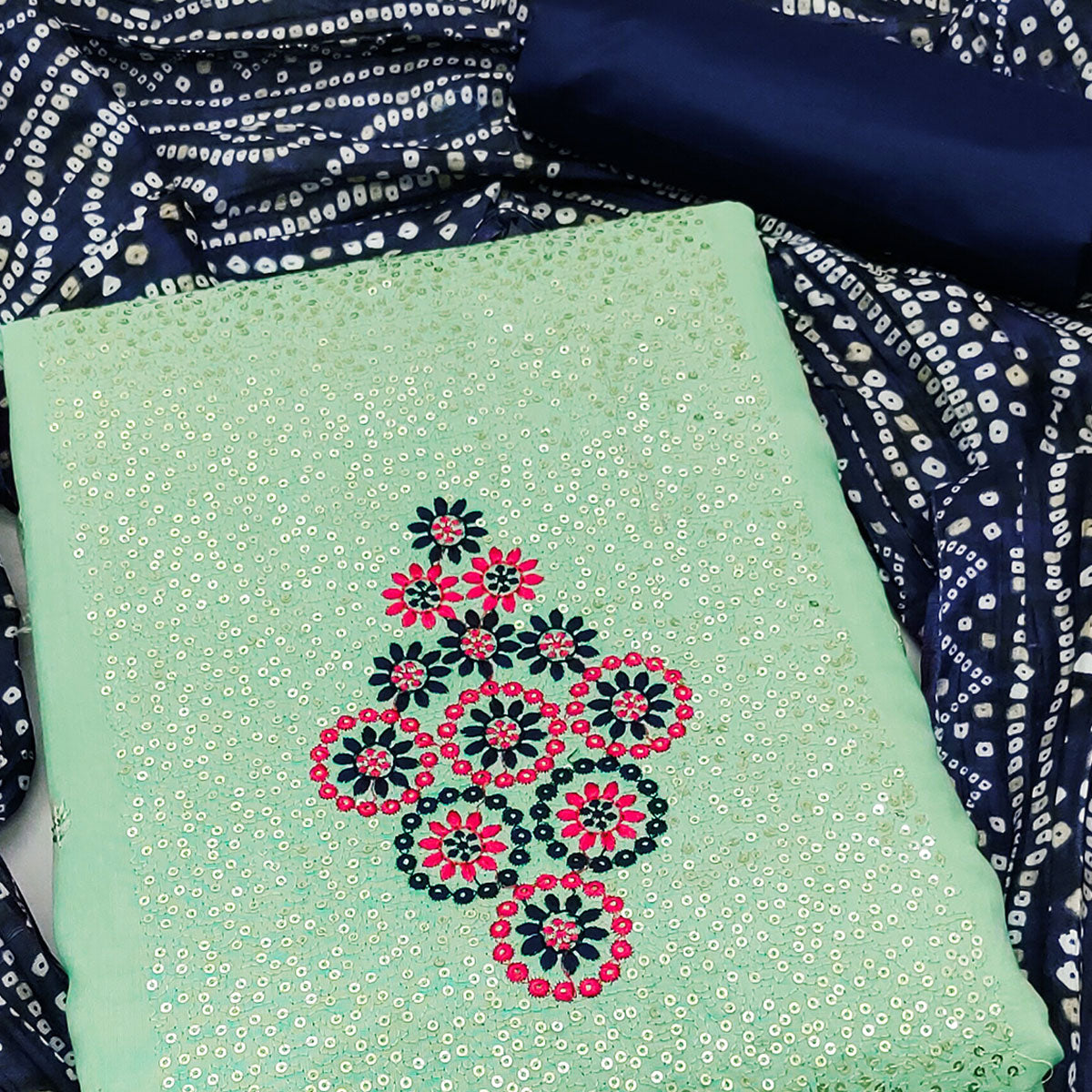 Sea Green Floral Embroidered Cotton Blend Dress Material Adorned With Sparkling Sequins Work