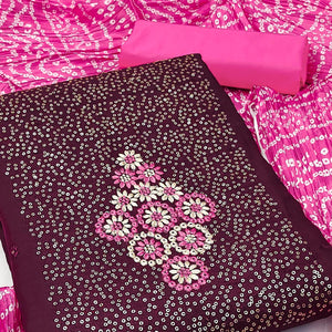 Wine Floral Embroidered Cotton Blend Dress Material Adorned With Sparkling Sequins Work