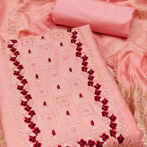 Peach Floral Embroidery Cotton Blend Dress Material Enhanced With Shimmering Sequins Work