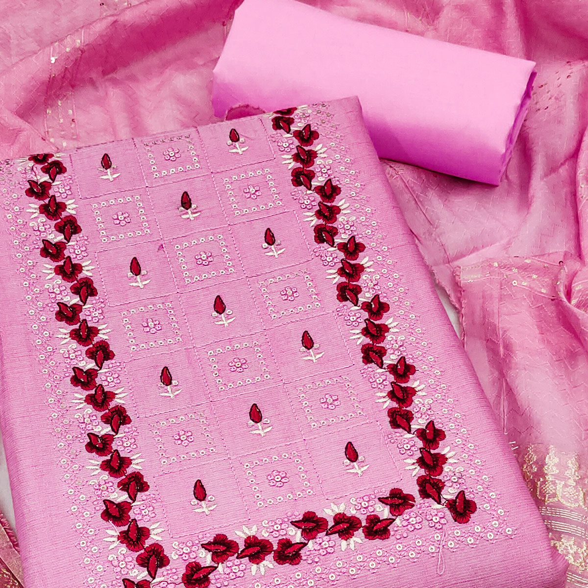 Pink Floral Embroidery Cotton Blend Dress Material Enhanced With Shimmering Sequins Work