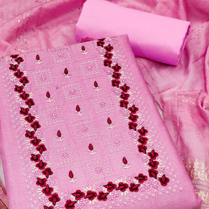 Pink Floral Embroidery Cotton Blend Dress Material Enhanced With Shimmering Sequins Work