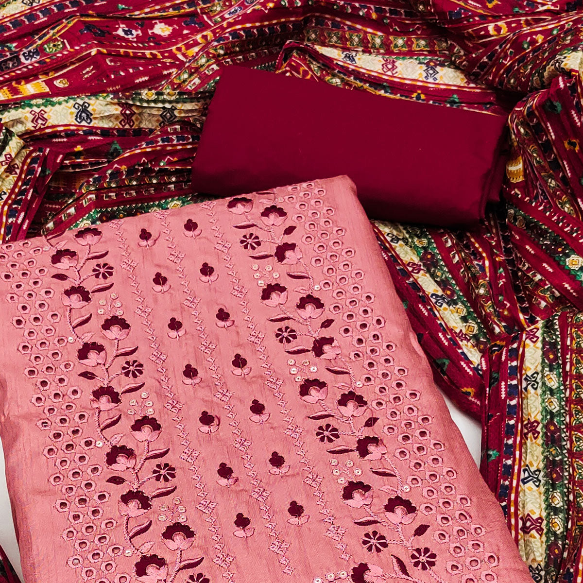 Gajari Pink Floral Sequins Embroidered Cotton Silk Dress Material