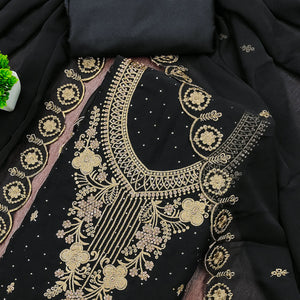 Black Georgette Dress Material Accented With Delicate Floral Embroidery