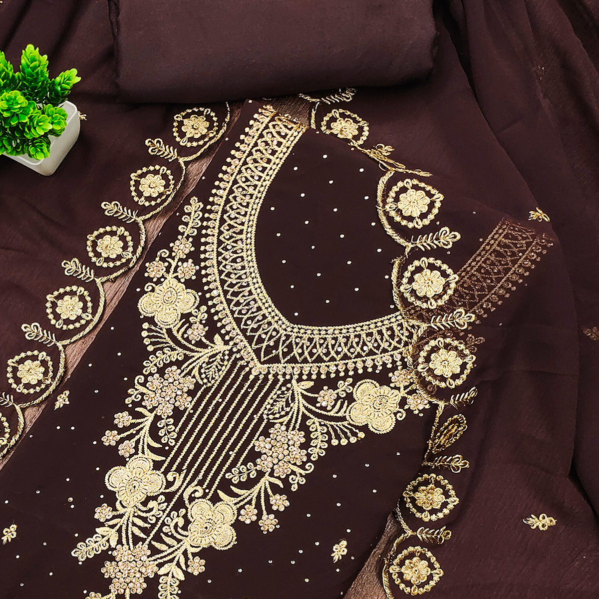 Brown Georgette Dress Material Accented With Delicate Floral Embroidery