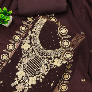 Brown Georgette Dress Material Accented With Delicate Floral Embroidery