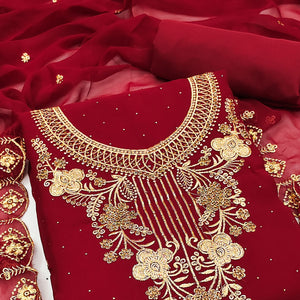 Dark Red Floral Embroidered Georgette Dress Material