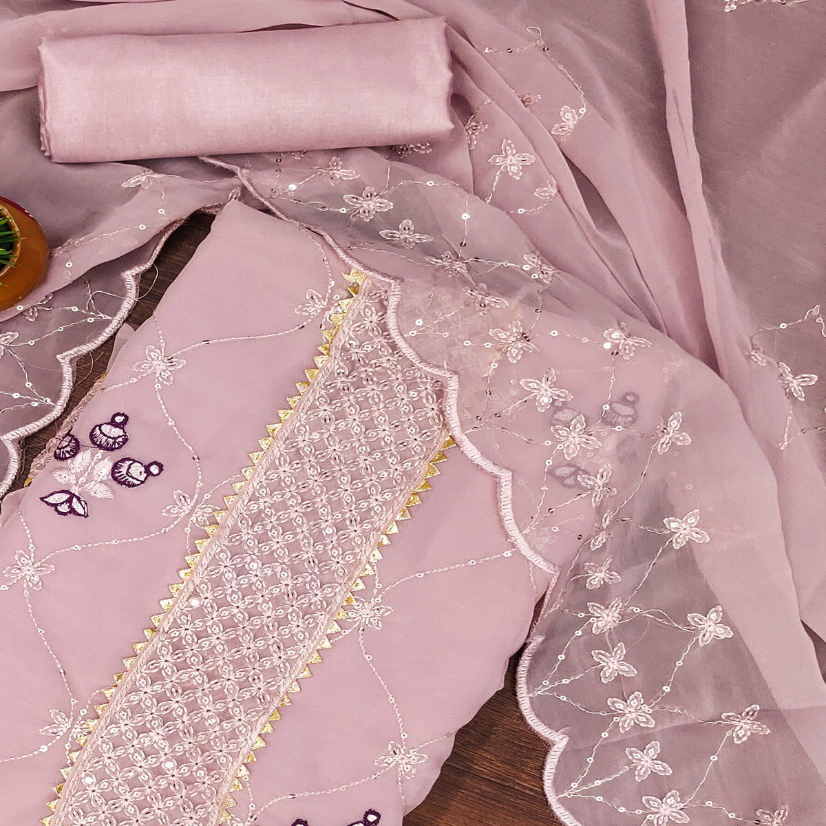 Pink Floral Sequins Embroidered Georgette Dress Material