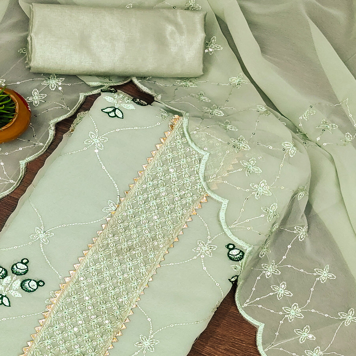 Pista Green Floral Sequins Embroidered Georgette Dress Material