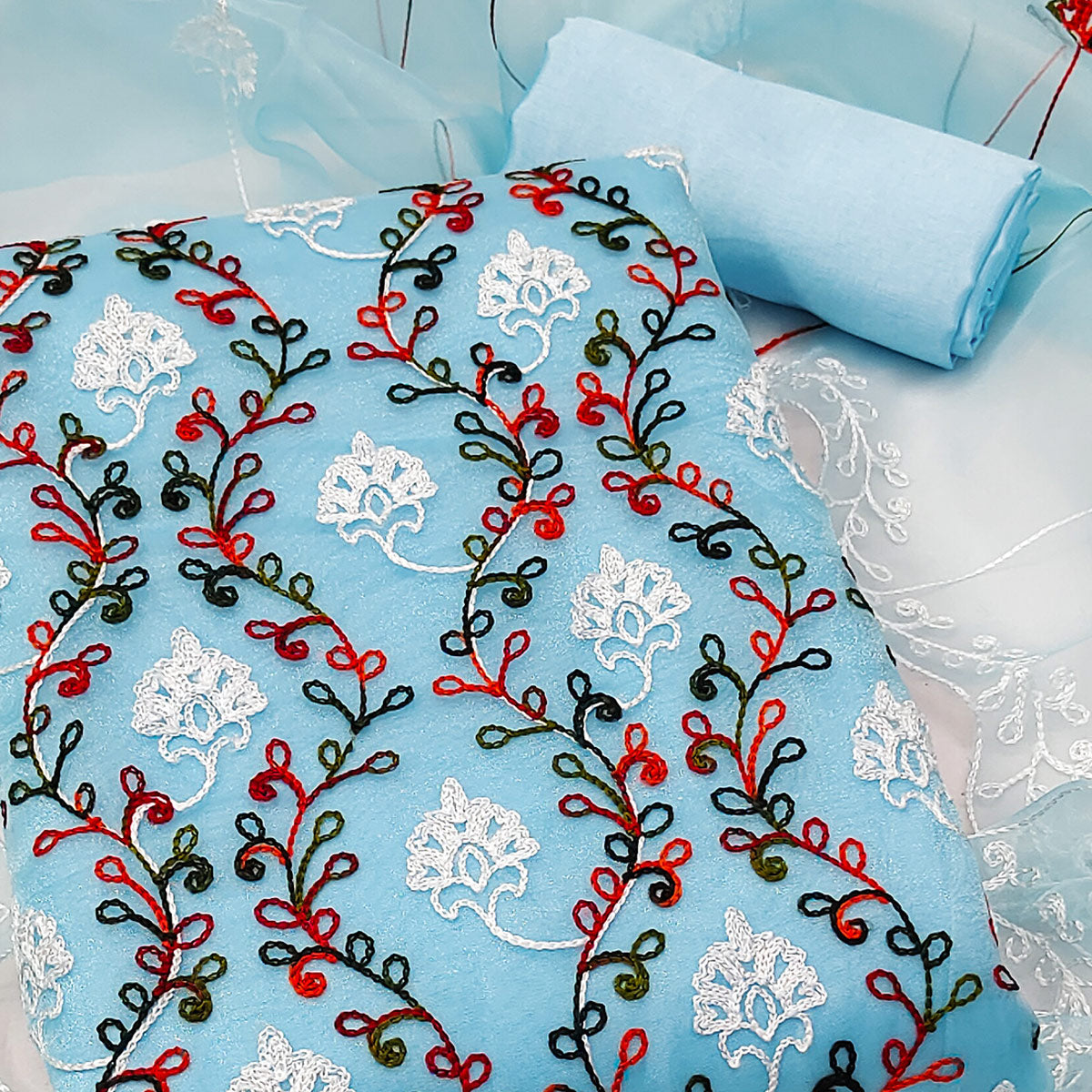 Elegant Blue Organza Dress Material Ensemble With Exquisite Floral Embroidery