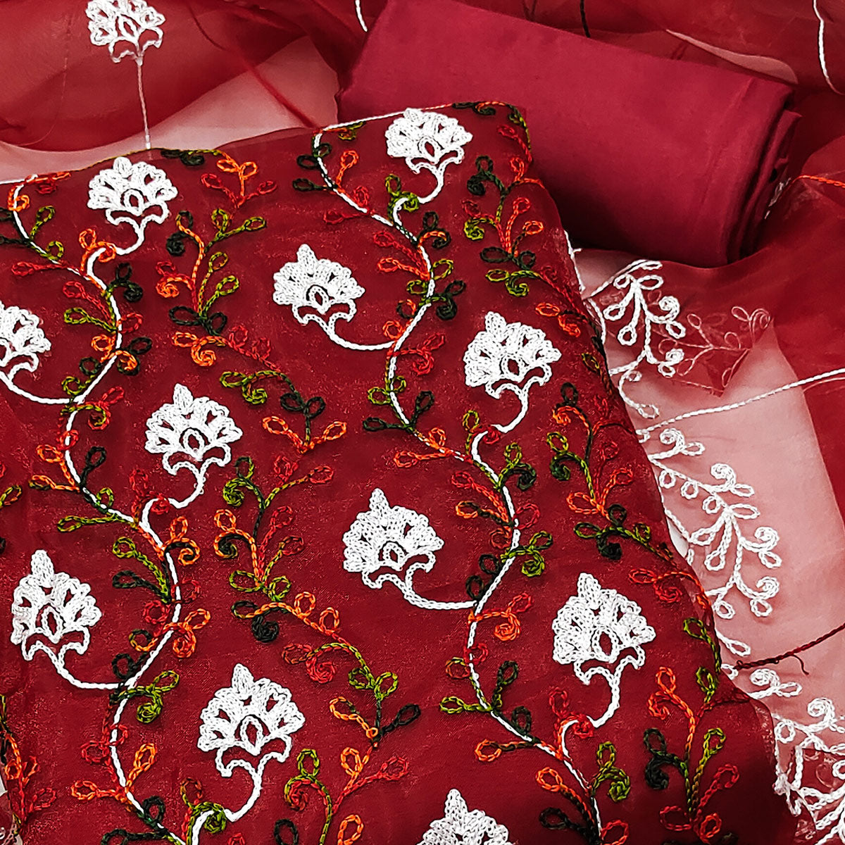 Elegant Maroon Organza Dress Material Ensemble With Exquisite Floral Embroidery