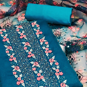 Morpich Blue Organza Dress Material With Glimmering Floral Sequins Embroidery