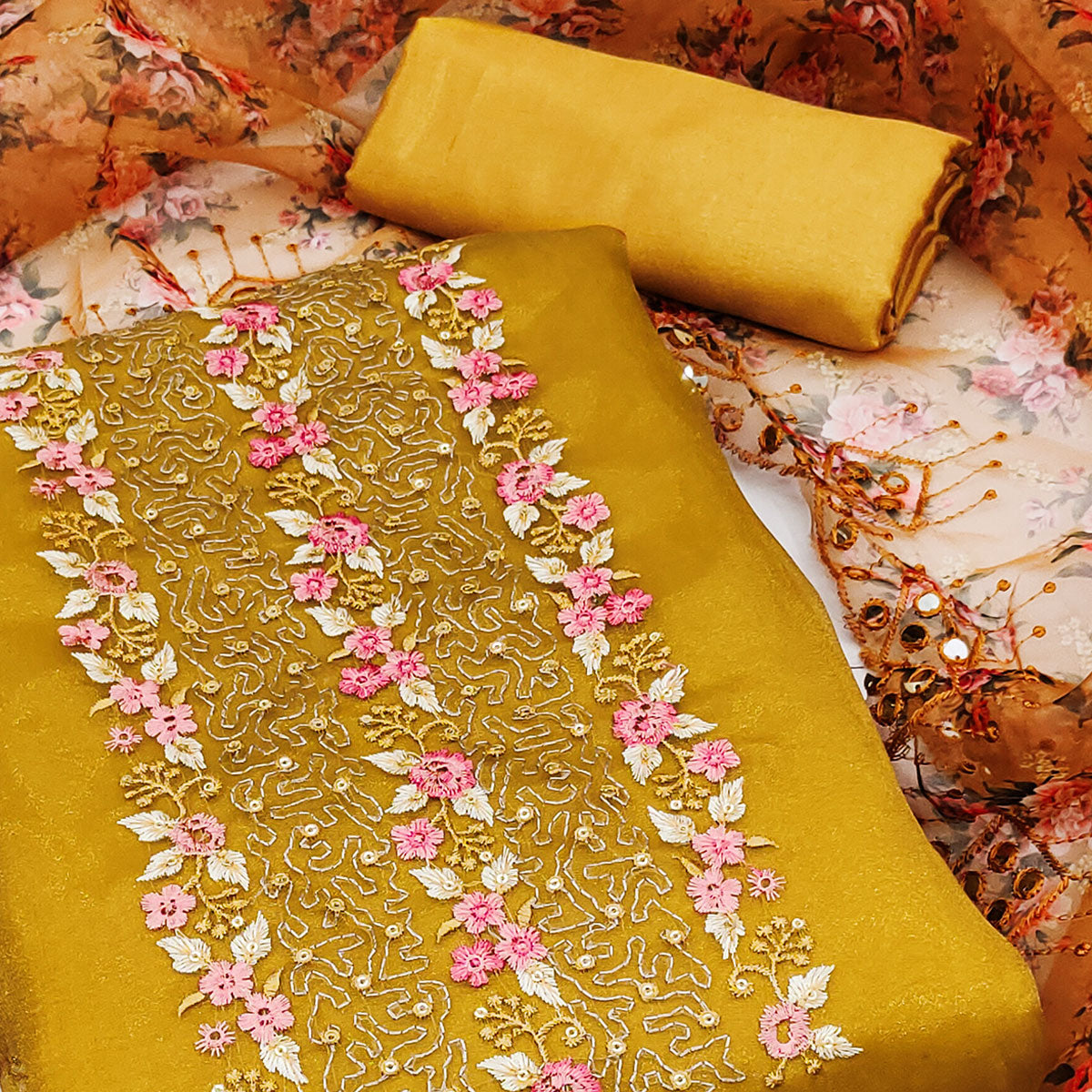 Mustard Organza Dress Material With Glimmering Floral Sequins Embroidery