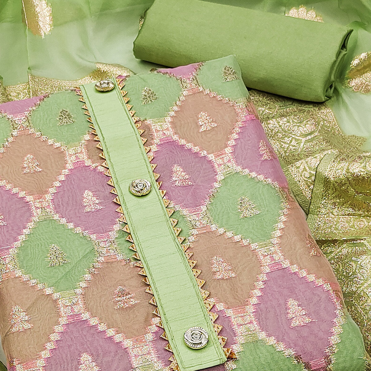 Rich Green Organza Dress Material With Intricate Zari Weaving Work