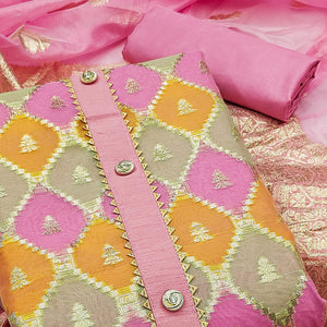 Graceful Glow Pink Jacquard Organza Dress Material With Zari Weaving Work