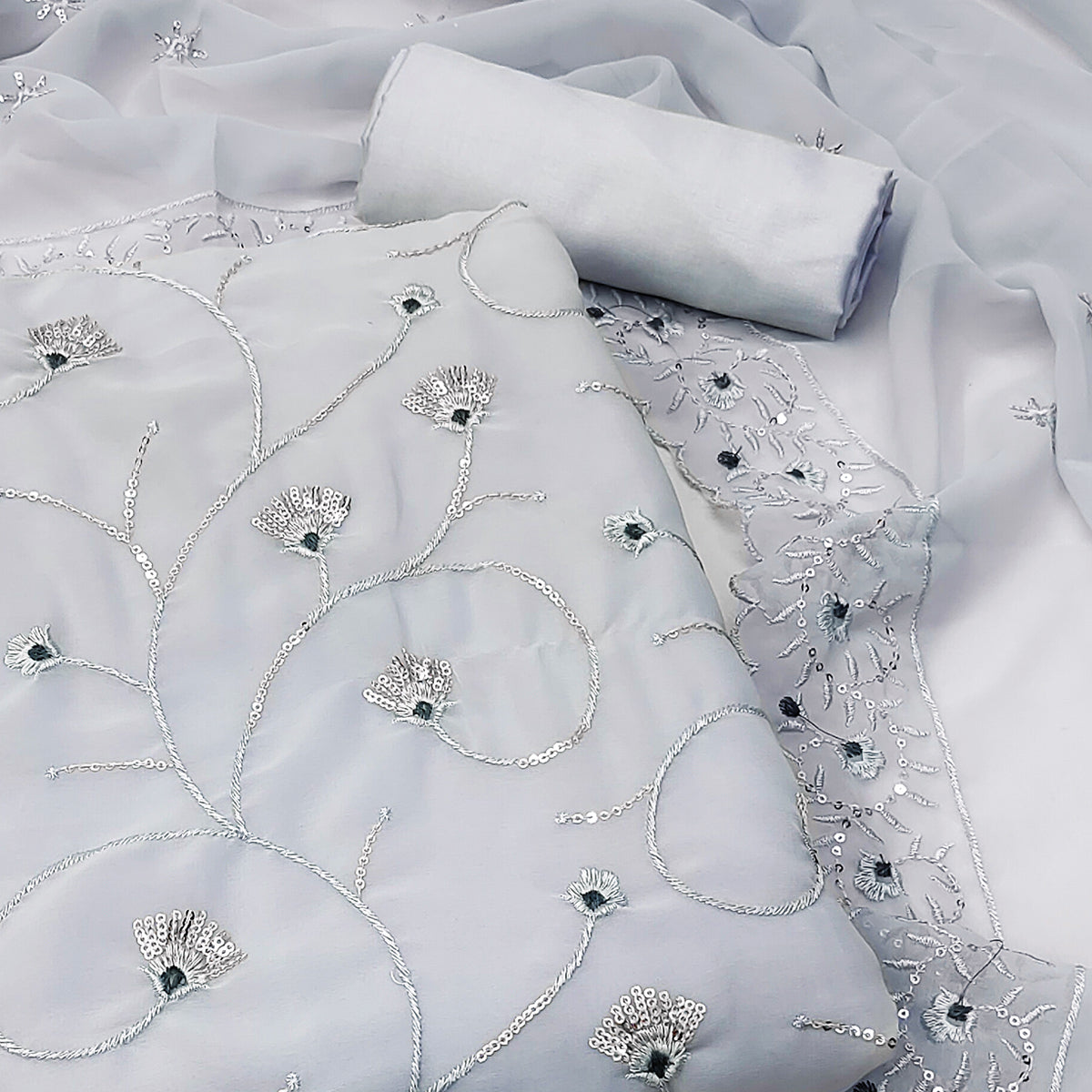Grey Floral Sequins Embroidered Georgette Dress Material